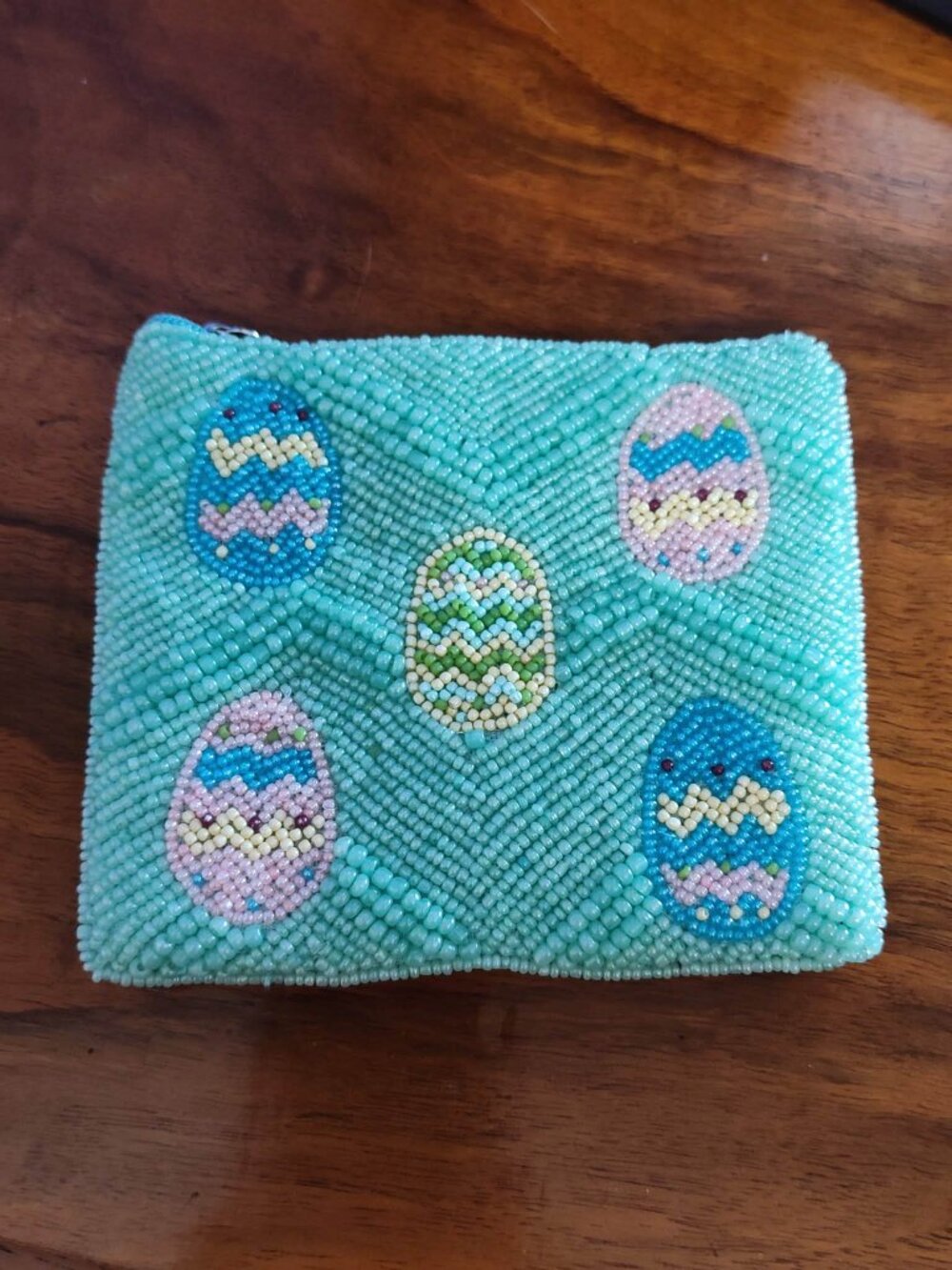 Easter Egg Aqua blue beaded zippered mini clutch, pouch
